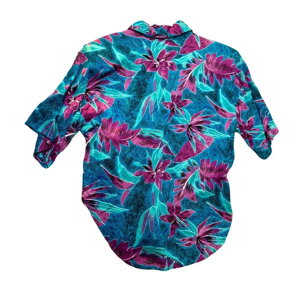 Vntg Floral Short Sleeve Blouse Sz Small Wild Honey Shoulder Pads Rayon Beachy
